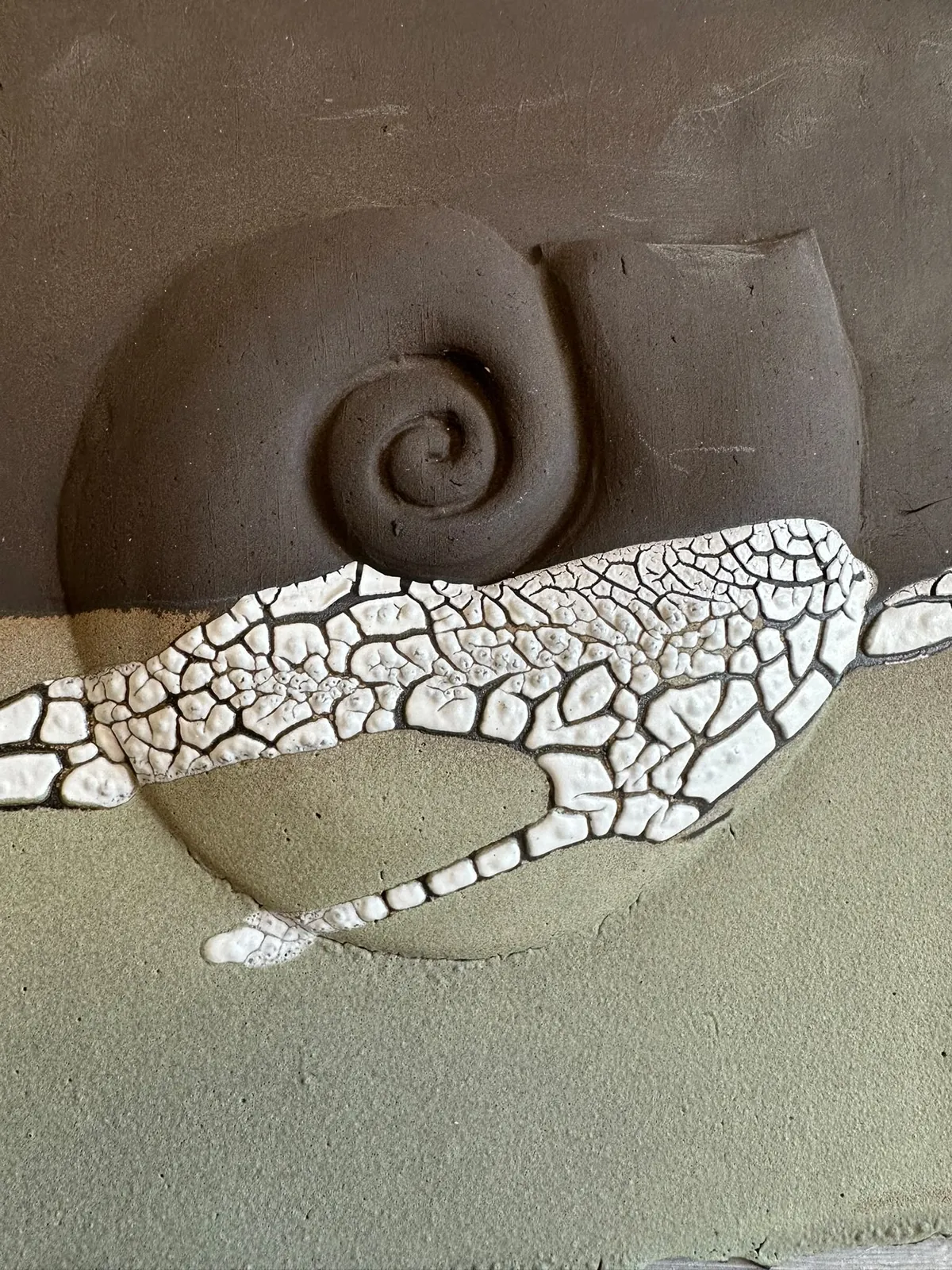 Close-up of an ammonite spiral crossed by a band of white crackle glaze on dark clay